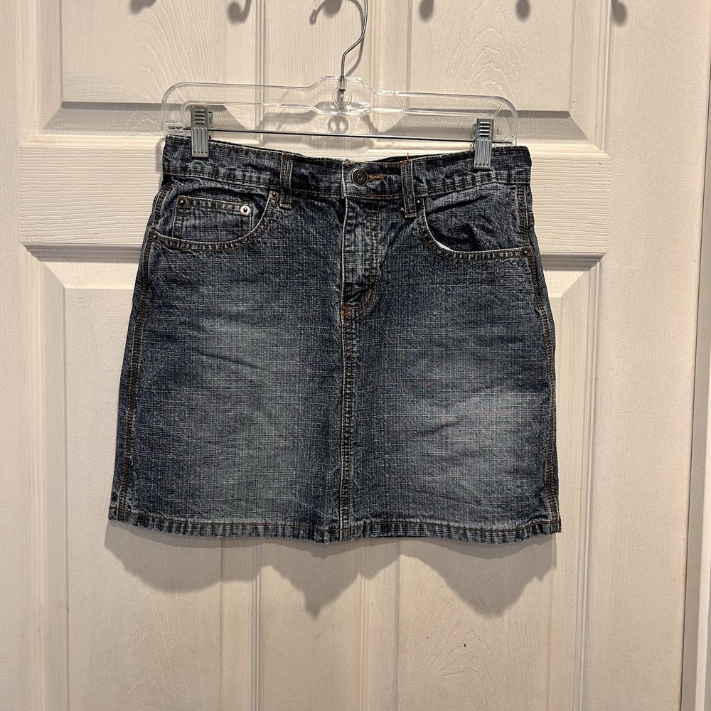 VTG SO Womens Dark Wash Denim Mini Skirt Size 5 Blue Crosshatch Y2K Festival
